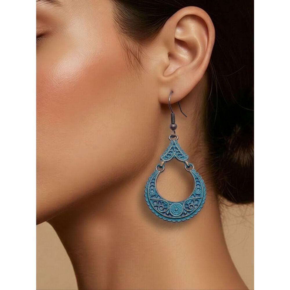 Turquoise Patina Teardrop Earrings Western Boho Filigree Dangle Coastal Cowgirl